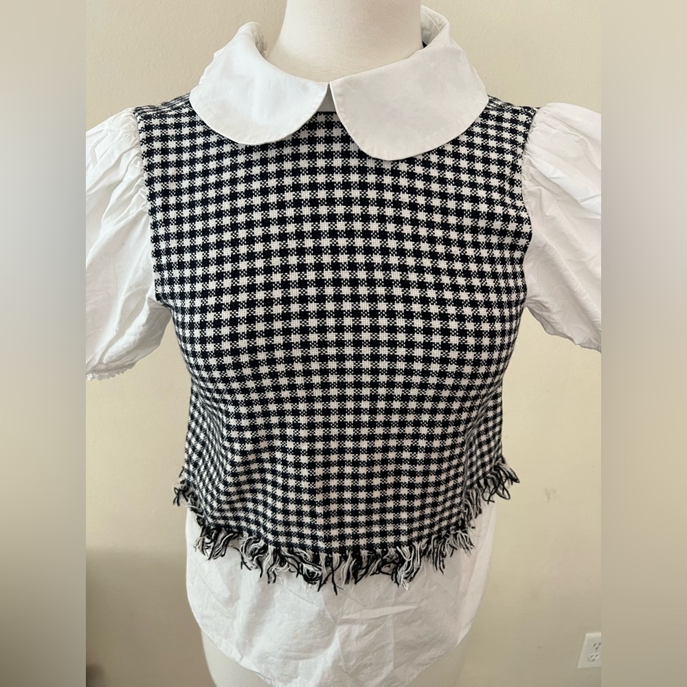 Zara Women's White Collared Front Tweed Balloon Sleeves Top Black and White S